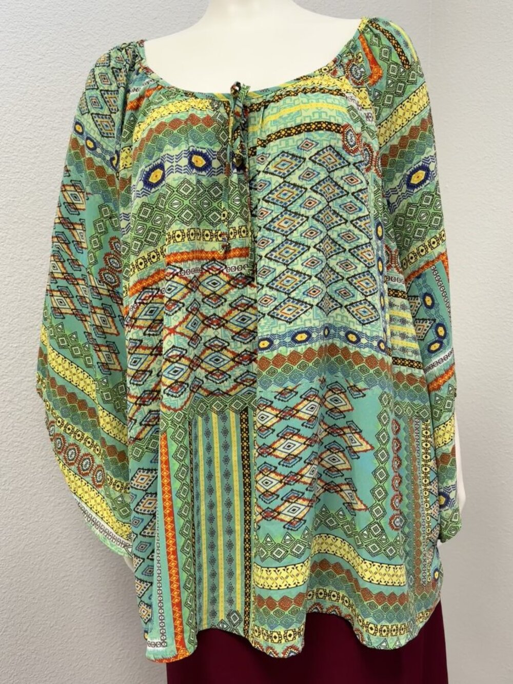 Tacera 2X Boho Peasant Blouse Mint Green Geometric Print Tassel Tie Top